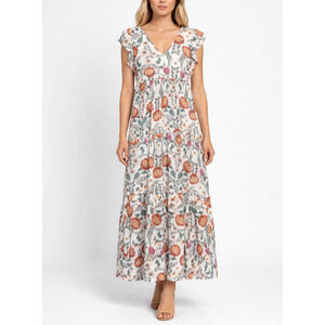 Malai Anthro Emili V-Neck Dress Womens S White Midi Floral Tiered Boho Prairie